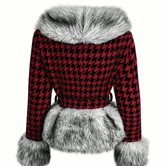 Red Casual Women's Front Tie Long Sleeve Faux Fur Houndstooth Woolen Jacket - Picture 2 of 5
